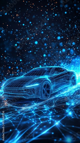 Sleek Futuristic Car in Wireframe on Blue Starry Sky