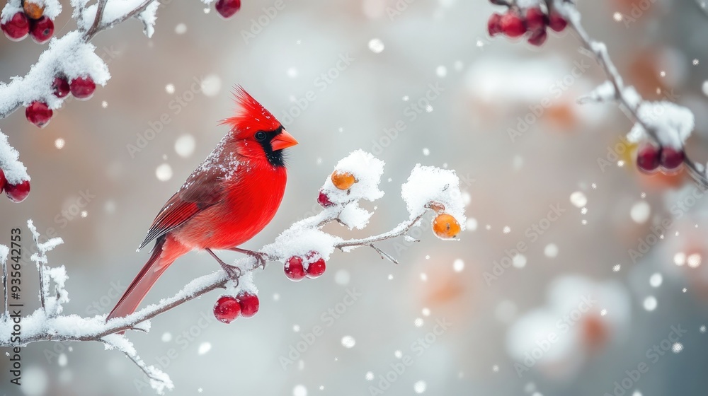 A red cardinal perched on a snowy branch, symbolizing winter beauty A red cardinal perched on a snowy branch, symbolizing winter beauty