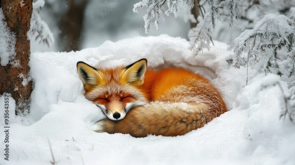 Fototapeta premium A red fox curled up in a snowy den, symbolizing warmth and survival