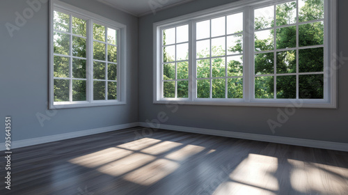 empty room with three large windows and a wooden floor, white window frames, light gray walls, and trees visible outside the glass. Interior background photo