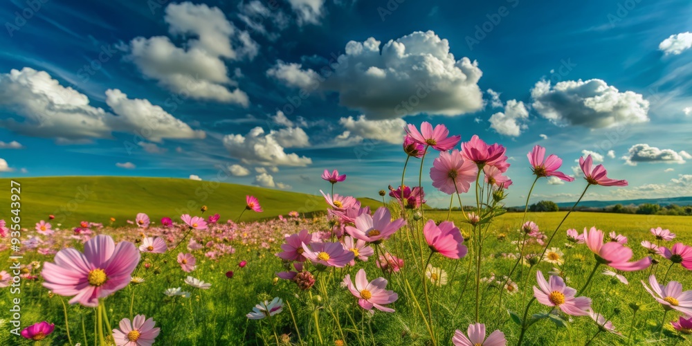Vibrant pink flowers sway gently in the breeze, carpeting a lush green meadow under a brilliant blue sky with a few wispy white clouds. Vibrant pink flowers sway gently in the breeze, carpeting a lush green meadow under a brilliant blue sky with a few wispy white clouds.
