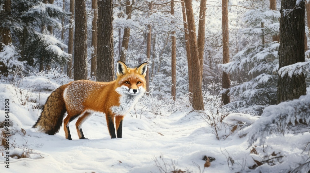A red fox with a lush tail, standing alert in a snowy forest A red fox with a lush tail, standing alert in a snowy forest