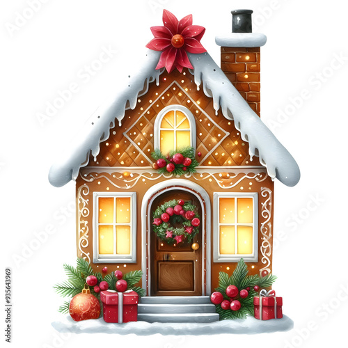 Watercolour gingerbread house with Christmas tree and ornament