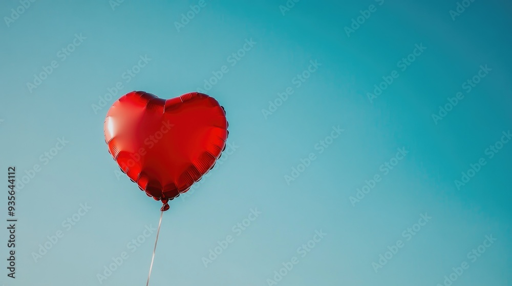 Fototapeta premium A red heart-shaped balloon floating against a clear blue sky, symbolizing love and joy