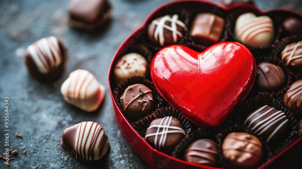A red heart-shaped box filled with chocolates, symbolizing romance and sweetness A red heart-shaped box filled with chocolates, symbolizing romance and sweetness