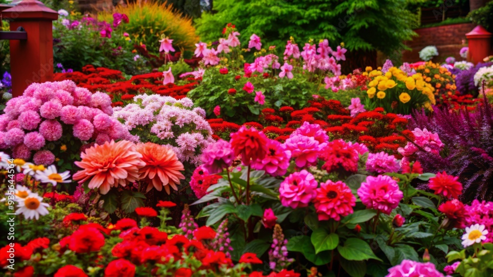 Vibrant summer garden overflowing with blooming flowers in every color, lush greenery, and delicate petals, capturing the essence of a serene and idyllic season. Vibrant summer garden overflowing with blooming flowers in every color, lush greenery, and delicate petals, capturing the essence of a serene and idyllic season.