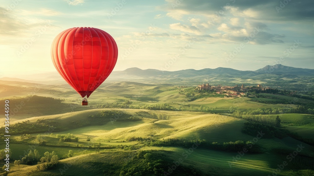 Obraz premium A red hot air balloon floating over a green landscape, symbolizing adventure