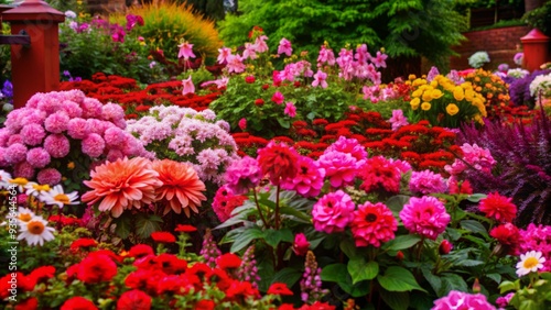 Vibrant summer garden overflowing with blooming flowers in every color, lush greenery, and delicate petals, capturing the essence of a serene and idyllic season.