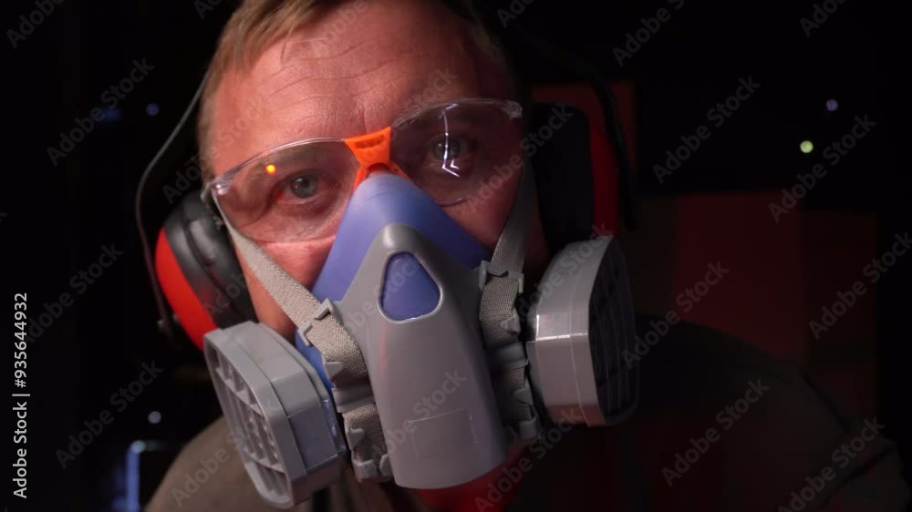 young man in protective equipment for eyes, ears and respiratory organs in a dark room young man in protective equipment for eyes, ears and respiratory organs in a dark room