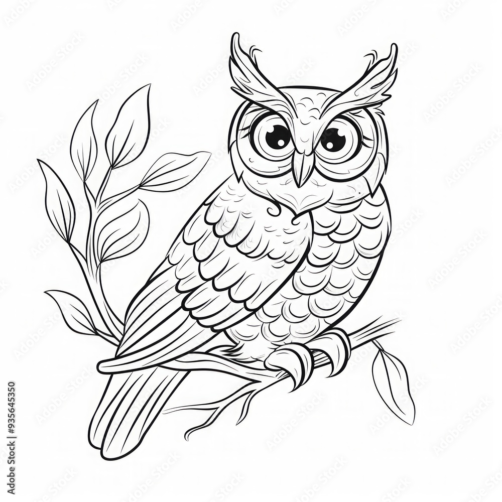 Obraz premium Adorable cartoon owl with large eyes perched on a branch with leaves. Black and white line art illustration. Cute animal character design for coloring book. Generative AI