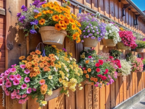 Vibrant hanging baskets overflowing with assorted blooming flowers in shades of pink, yellow, orange, and purple cascade down a rustic wooden wall or fence. photo