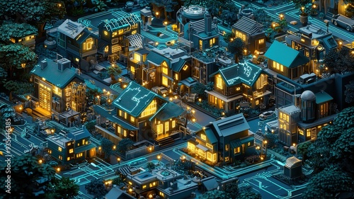 A serene night view of a charming village illuminated by warm lights, nestled within lush greenery and intricate architecture.