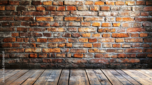 Old brick wall and wooden floor background. Retro interior with brown old bricks, vintage texture. Background for product presentation 