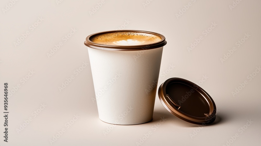 A stylish white coffee cup with a brown lid, perfect for showcasing beverages in a minimalist setting. A stylish white coffee cup with a brown lid, perfect for showcasing beverages in a minimalist setting.