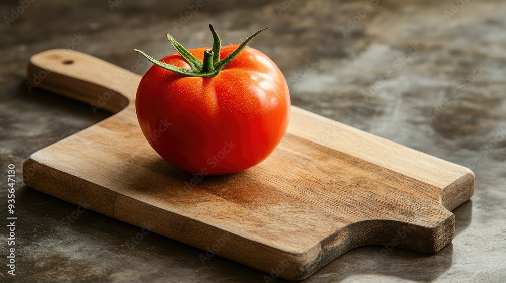 A red tomato on a wooden cutting board, ready to be sliced for a fresh salad - A red tomato on a wooden cutting board, ready to be sliced for a fresh salad -