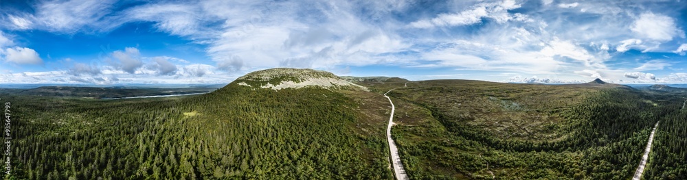 Obraz premium Breathtaking Aerial 360 panorama of national park Nipfjället and Städjan mountains, featuring lush forests and expansive landscapes under a vibrant sky in Idre, Dalarna Sweden.