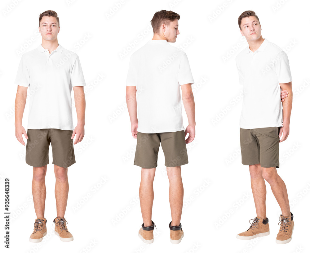 Man png mockup in white polo casual business wear full body set Man png mockup in white polo casual business wear full body set