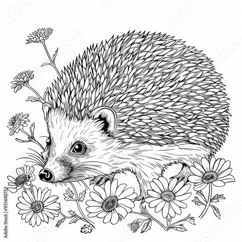 Cartoon hedgehog among flowers. Black and white line art illustration. Cute forest animal and nature theme for coloring book design. Flat illustration. Generative AI  photo