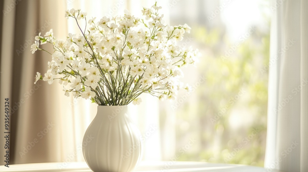 A white ceramic vase with delicate flowers, symbolizing simplicity and elegance A white ceramic vase with delicate flowers, symbolizing simplicity and elegance