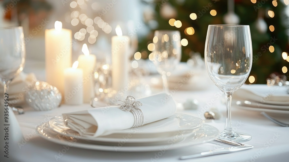 A white dining table set for a special occasion, with elegant dinnerware and candles A white dining table set for a special occasion, with elegant dinnerware and candles
