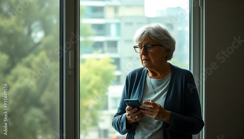 Worried depressed senior woman stand by window look away troubled, holding cellphone in hands, lady lost in sad heavy thoughts Free Download Worried depressed senior woman stand by window look away troubled, holding cellphone in hands, lady lost in sad heavy thoughts - GFXLoad