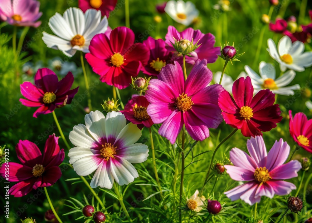 Delicate pink and white Cosmos flowers bloom abundantly in a lush green garden, swaying gently in the breeze, creating a serene and peaceful atmosphere. Delicate pink and white Cosmos flowers bloom abundantly in a lush green garden, swaying gently in the breeze, creating a serene and peaceful atmosphere.