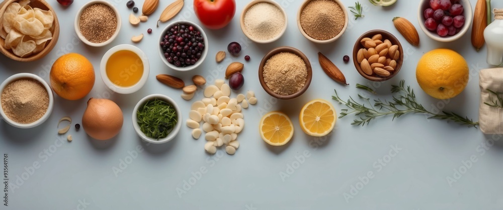 Assorted Food Ingredients and Spices in Bowls on a Light Blue Background Assorted Food Ingredients and Spices in Bowls on a Light Blue Background