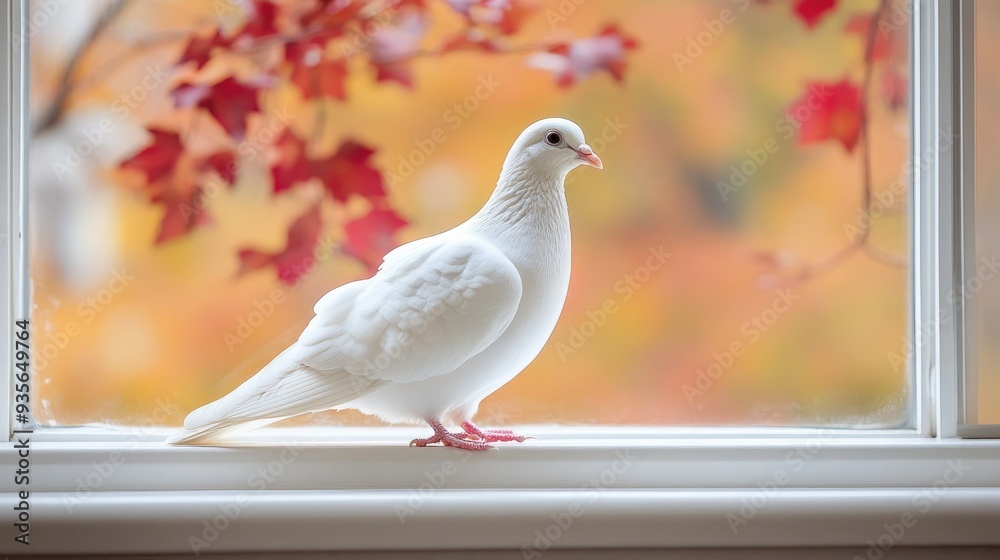 Fototapeta premium A white dove perched on a windowsill, symbolizing peace and hope