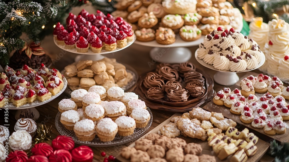 58. A festive holiday dessert table with an array of cookies, cakes, and candies 58. A festive holiday dessert table with an array of cookies, cakes, and candies