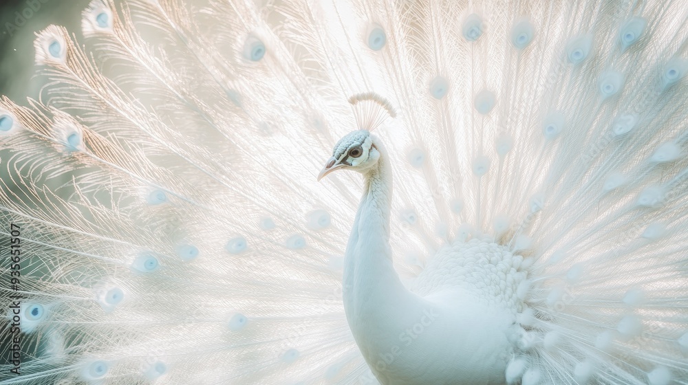 Fototapeta premium A white peacock displaying its feathers, symbolizing beauty and elegance