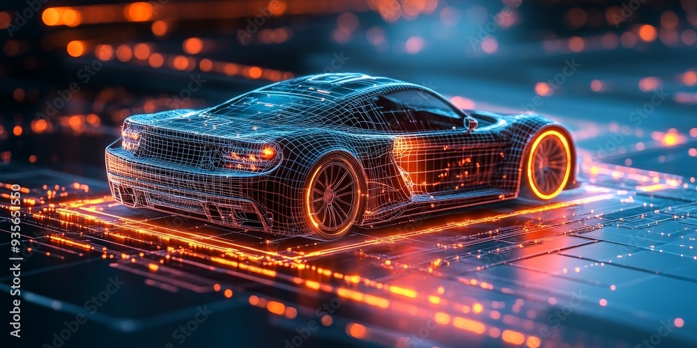 Sleek Futuristic Car in Wireframe on Blue Starry Sky Sleek Futuristic Car in Wireframe on Blue Starry Sky