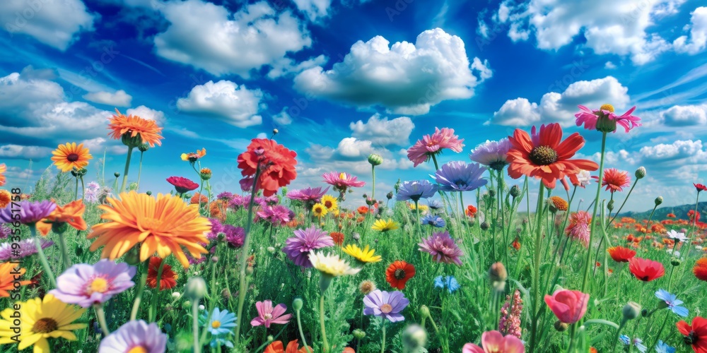 Vibrant colors explode in a stunning field of blooming flowers swaying gently in the warm breeze under a brilliant blue sky with fluffy white clouds. Vibrant colors explode in a stunning field of blooming flowers swaying gently in the warm breeze under a brilliant blue sky with fluffy white clouds.