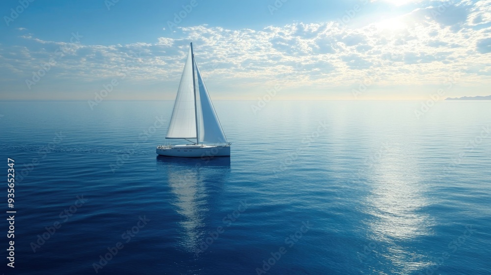 Obraz premium A white sailboat drifting on a calm blue sea, symbolizing peace and freedom