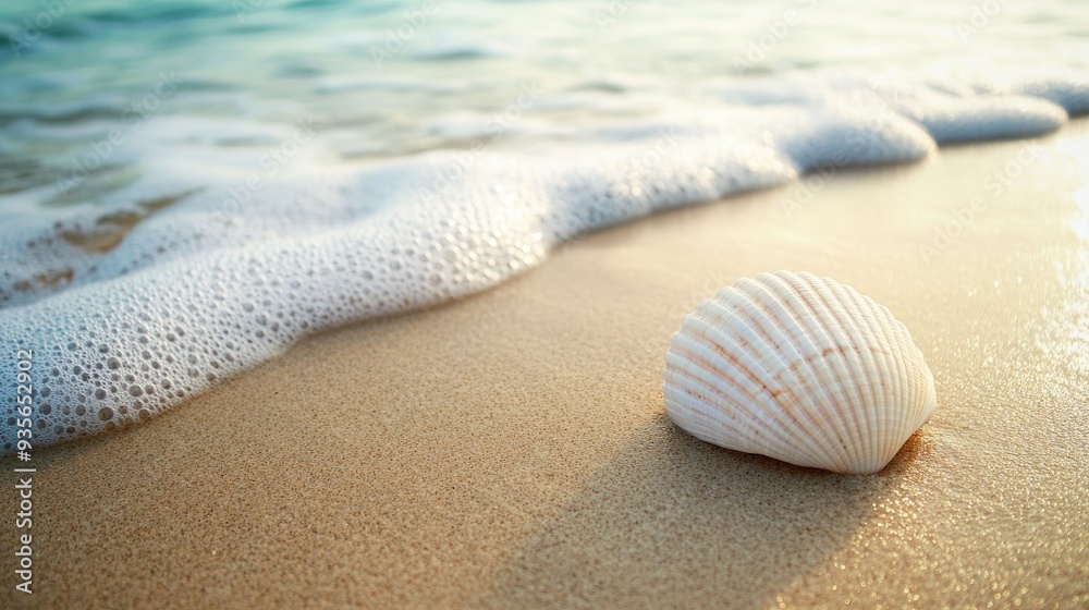 A white seashell resting on a sandy beach, symbolizing the calmness of the ocean A white seashell resting on a sandy beach, symbolizing the calmness of the ocean