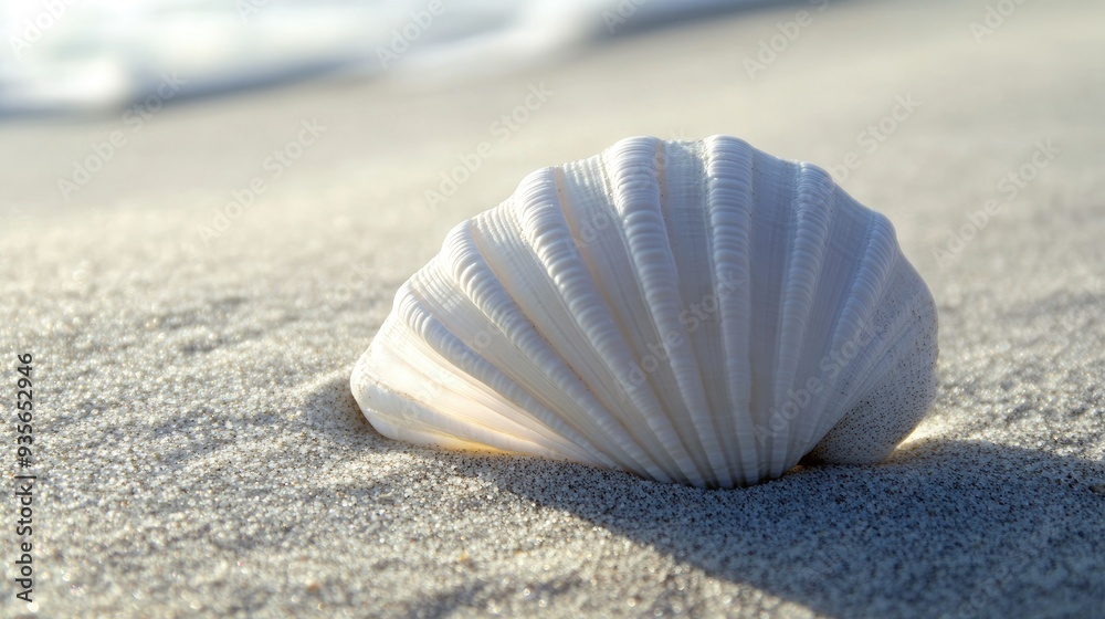 A white seashell lying on a sandy beach, symbolizing the calmness of the ocean A white seashell lying on a sandy beach, symbolizing the calmness of the ocean