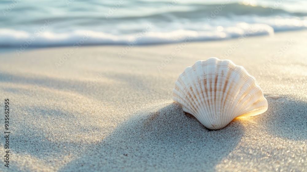 A white seashell resting on a sandy beach, symbolizing the calmness of the ocean A white seashell resting on a sandy beach, symbolizing the calmness of the ocean