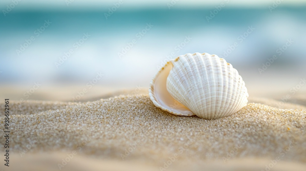 A white seashell resting on a sandy beach, symbolizing the calmness of the ocean A white seashell resting on a sandy beach, symbolizing the calmness of the ocean