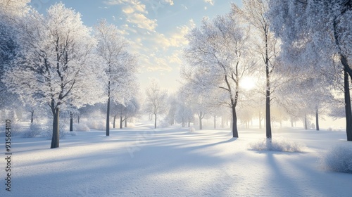 A white winter landscape with snow-covered trees, creating a peaceful and serene scene