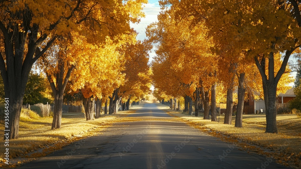 Golden autumn trees lining a quiet road, creating a picturesque and peaceful scene Golden autumn trees lining a quiet road, creating a picturesque and peaceful scene