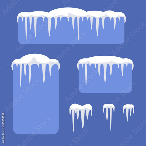 Set of snow caps of different sizes and shapes with hanging icicles is isolated on blue background
