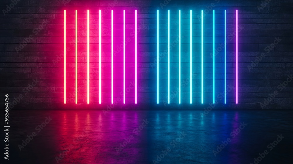 A neon sign in a dark room with a brick wall A neon sign in a dark room with a brick wall