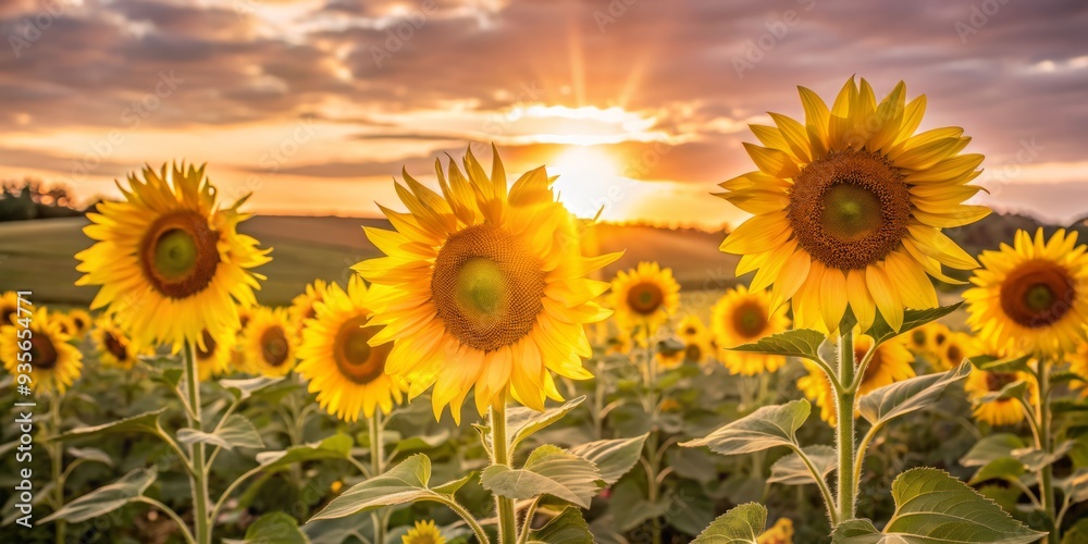 Fototapeta premium Vibrant sunflowers swaying gently in a golden sunset, warm rays illuminating the blooming flowers, creating a tranquil and idyllic countryside landscape.