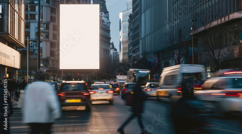 A blank white billboard stands on the side of an urban street, surrounded by city buildings and people walking in a blur of motion. photo