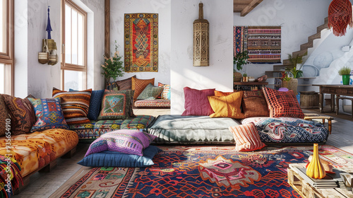 Colorful Bohemian chic living room featuring mismatched furniture and textiles, with a laid back vibe, shown in 3D panorama. photo