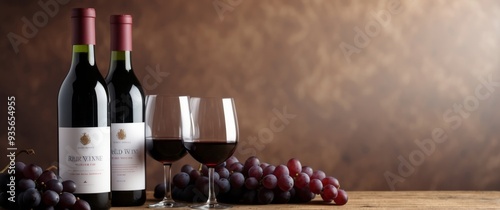 Two Bottles of Red Wine, Glasses, and Grapes on a Wooden Table photo