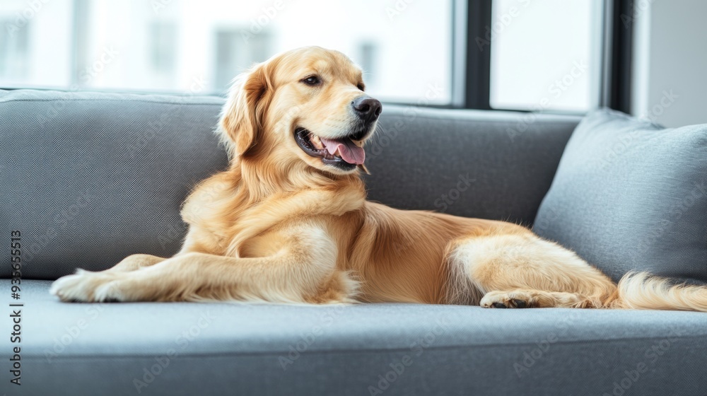 A dog laying on a couch with its tongue hanging out, AI A dog laying on a couch with its tongue hanging out, AI