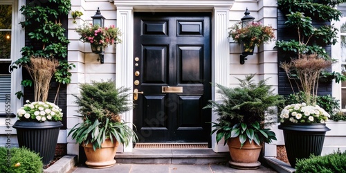 A beautiful black front door of a house adorned with potted plants and greenery, adding a touch of elegance and warmth to the exterior. photo