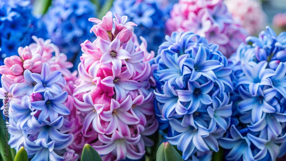 Vibrant cluster of pink and purple hyacinth flowers in full bloom, showcasing delicate petals and saturated colors, filling the entire frame with natural beauty. Vibrant cluster of pink and purple hyacinth flowers in full bloom, showcasing delicate petals and saturated colors, filling the entire frame with natural beauty.