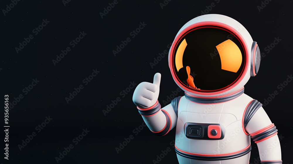A cheerful astronaut character gives a thumbs up in a futuristic setting with a dark background, symbolizing positivity and exploration. A cheerful astronaut character gives a thumbs up in a futuristic setting with a dark background, symbolizing positivity and exploration.