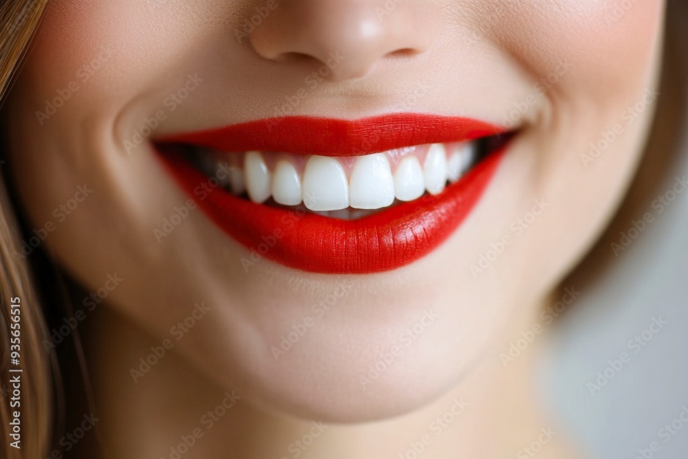 Human smiling mouth and nose. Closeup macro portrait of female part of face. Woman red lips with day beauty makeup. generative ai Human smiling mouth and nose. Closeup macro portrait of female part of face. Woman red lips with day beauty makeup. generative ai